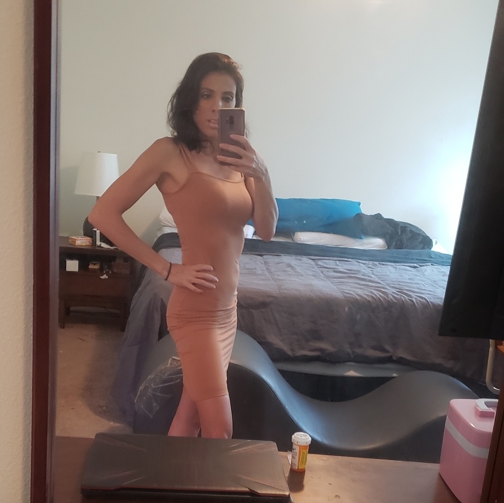 Beige Dress BodyCon size small thigh length dress